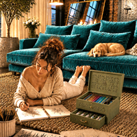 Woman sitting on the floor with art supplies in a stylish living room.