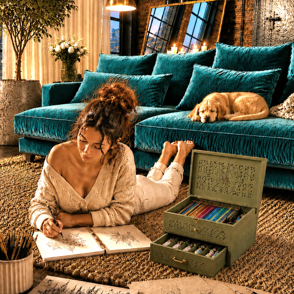 Woman sitting on the floor with art supplies in a stylish living room.