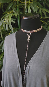 Simplicity. A sleek and simple chain collar of Stainless Steel gets it done. The handle is 10 inches of chain, so both small and large hands should fit easily. The 36 inch chain ends with a silver tone swivel trigger clip. Features a handcrafted sterling O Ring with a bail opening large enough to fit most all of our collars.