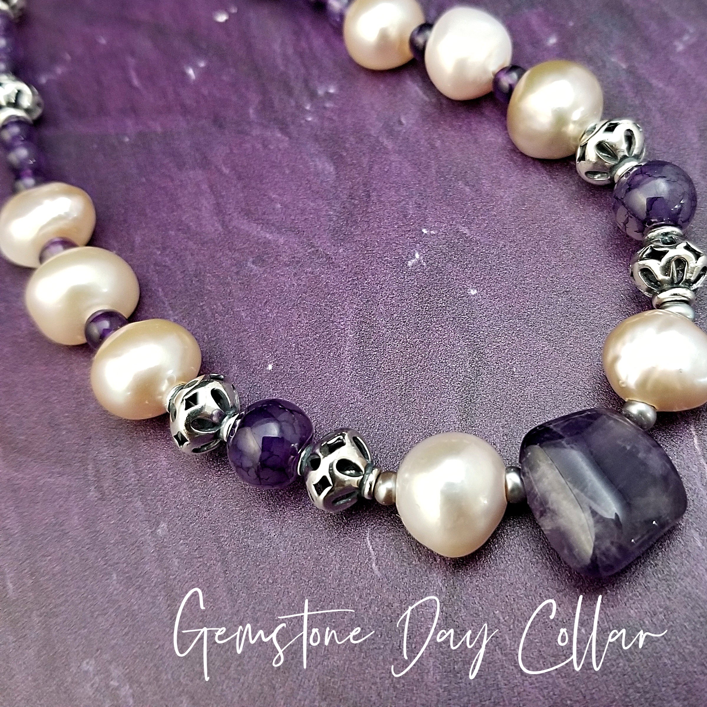Gemstone Day Collar, Amethyst & Pink Freshwater Pearl (One Of A Kind) Ready To Ship #251