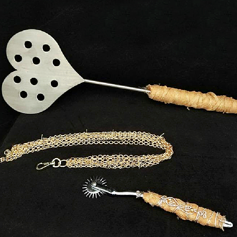 PADDLE & CHAIN FLOGGER, Artisan Golden Barbed Chains with FREE Pinwheel {Weapons of Ass Destruction}
