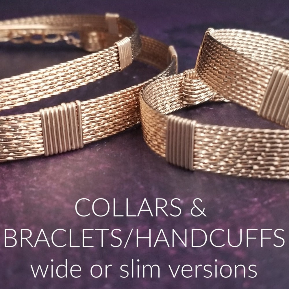 For the Dominant or the submissive, this wire wrapped artisan collar is hand crafted in strands of twisted rose gold filled wire and accented with rose gold wraps. A bit of chain in the back create a soft, comfortable fit and keep the collar moving freely as you move.