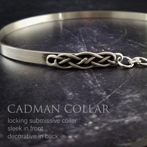  A Celtic inspired locking submissive collar that's sleek and clean in the front, and embellished with Celtic knots in the back. Or... reverse it and wear the decorative design in the front with the lock, for a bold statement of Ownership. Since it's unadorned in the front, you can easily change the look with collar enhancers / slides.