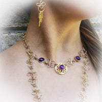 Made a bold statement of your Dominant / submissive lifestyle. The CELTIC PRIESTESS locking submissive collar features chain links inspired by Celtic knots, all created entirely by hand. Embellished with 2 natural gemstone cabochons of your choice.