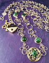 THE CELTIC PRIESTESS LOCKING BELT features chain links inspired by Celtic knots, all created entirely by hand using only a few hand tools. The links are then tumbled with steel shot, creating strength and durability, as well as a silky smoothness. Chrome Diopside and Gold Filled Links. By My Secret Heart Studios