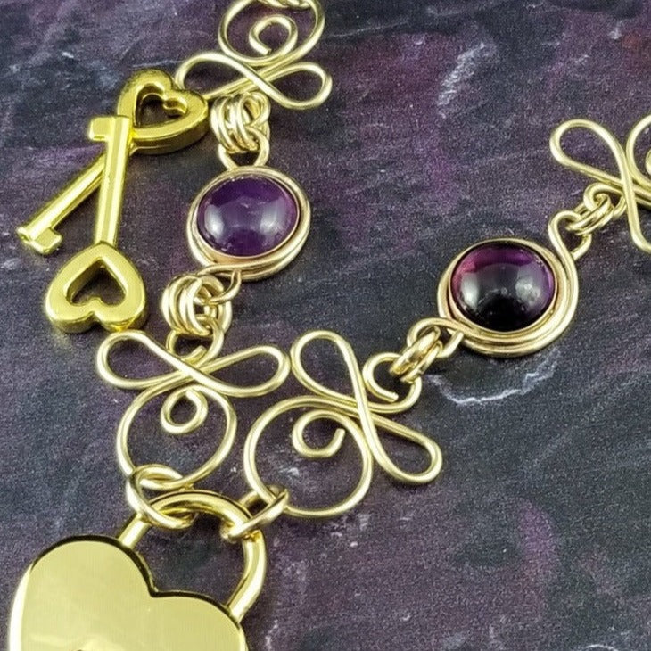 COLLAR, Submissive Locking Links & Gems, CELTIC PRIESTESS, AMETHYST and 14K Gold Filled
