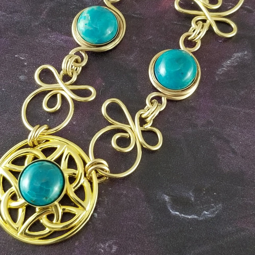 COLLAR, Submissive Locking Triquetra Medallion & Gems, CELTIC PRIESTESS, AMAZONITE 14K Gold Filled