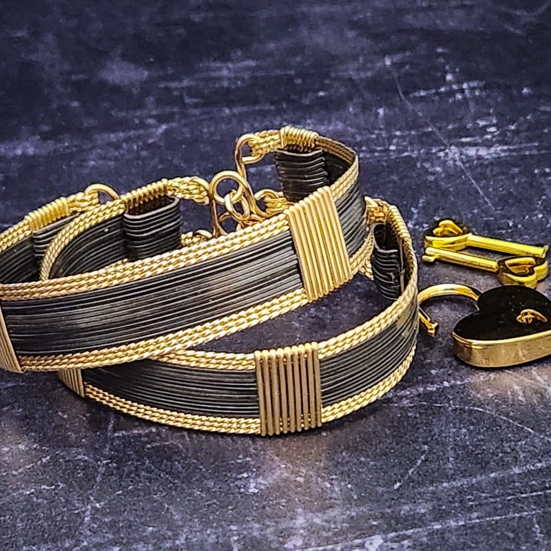 HANDCUFFS - AMARI Locking Submissive Handcuff Bracelet or Anklet, Black and Gold, BOLD