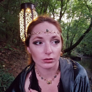Our Celtic Priestess Headdress features chain links inspired by Celtic knots, with a focal cabochon, making it a beautiful companion piece to the chains collections 
