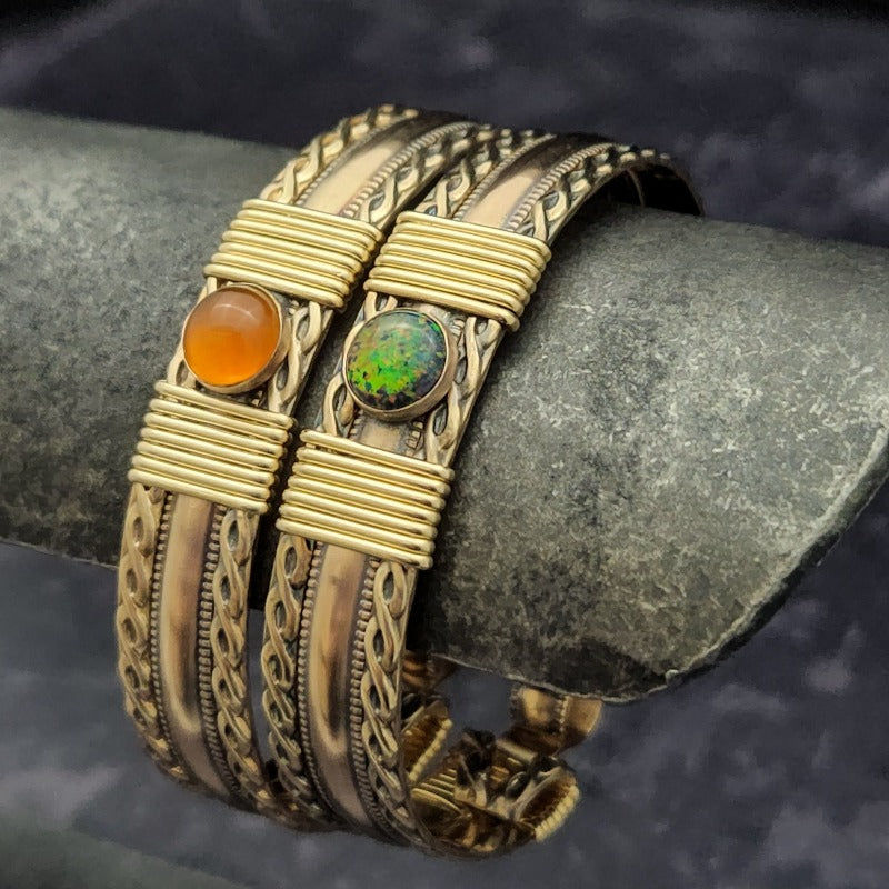 Custom Designed Locking Submissive Collar and Handcuffs Gold with Black and Fire Opals