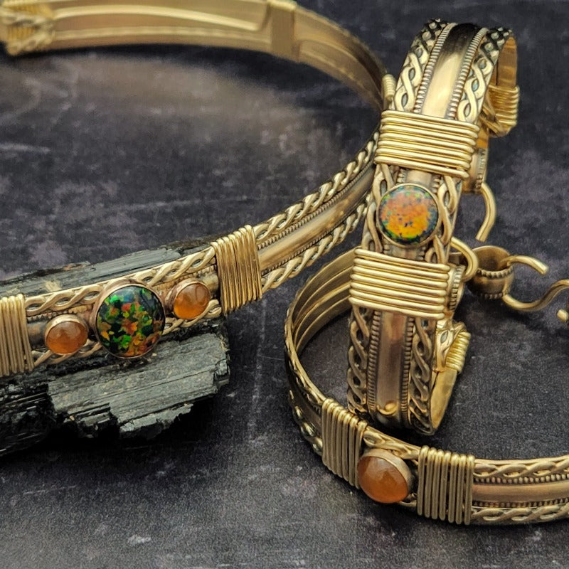 Custom Designed Locking Submissive Collar and Handcuffs Gold with Black and Fire Opals