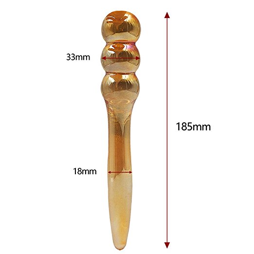 A sexy massager in stunning iridescent amber glass ... imagine the sleek contours of the warm glass on oiled skin.  Designed with sensual play in mind.