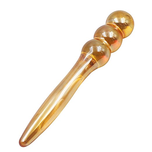 A sexy massager in stunning iridescent amber glass ... imagine the sleek contours of the warm glass on oiled skin.  Designed with sensual play in mind.