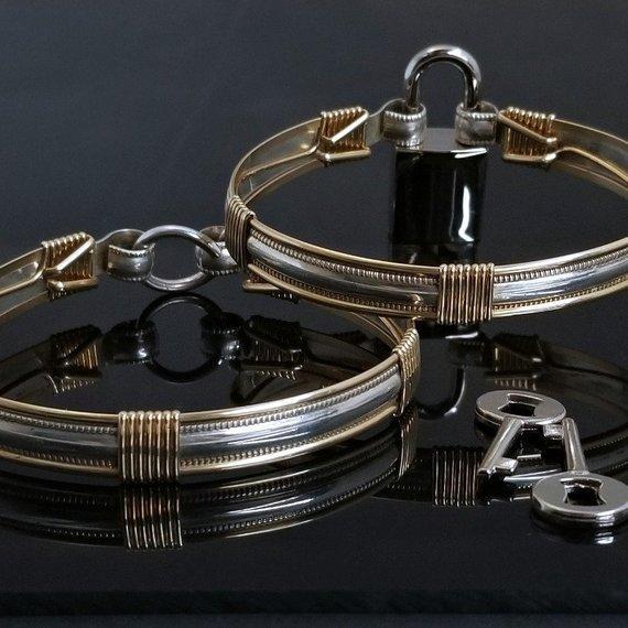 JANUS Locking Handcuff Bracelets, Sterling w/Gold Accents