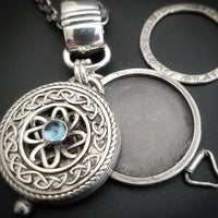 LIMITED EDITION PHOTO LOCKET, Celtic Good Luck Medallion with Swiss Blue Topaz