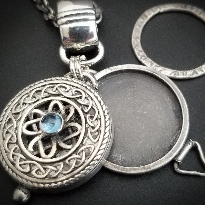 LIMITED EDITION PHOTO LOCKET, Celtic Good Luck Medallion with Swiss Blue Topaz
