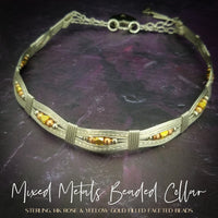 Bold and dramatic, and oh so sexy, this BDSM locking submissive collar will get plenty of attention. Yet it's so totally discreet, no one will ever know. Perfect statement of ownership for kittens, subs and slaves.   This wire wrapped collar is created in sterling silver, and has faceted sterling, 14k yellow and rose gold filled beads incorporated into the collar. With it's rounded, hand sculpted shape, this collar is very comfortable.   