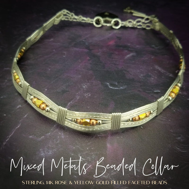 Bold and dramatic, and oh so sexy, this BDSM locking submissive collar will get plenty of attention. Yet it's so totally discreet, no one will ever know. Perfect statement of ownership for kittens, subs and slaves.   This wire wrapped collar is created in sterling silver, and has faceted sterling, 14k yellow and rose gold filled beads incorporated into the collar. With it's rounded, hand sculpted shape, this collar is very comfortable.   