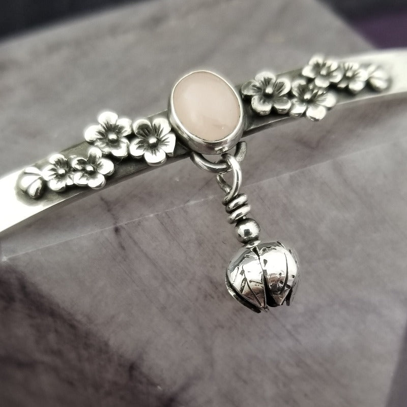SOLD - CUSTOM DESIGN, Cherry Blossom Locking Collar with Kitten Bell