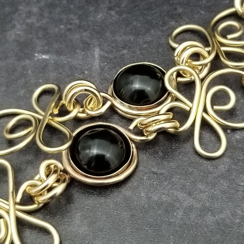 COLLAR, Submissive Locking Triquetra & Gems, CELTIC PRIESTESS, BLACK ONYX and 14K Gold Filled
