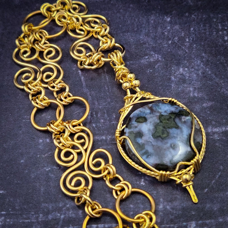 *READY TO SHIP* INFINITY SOFT LOCKING CHAIN COLLAR, Gold with Ocean Jasper, One of A Kind