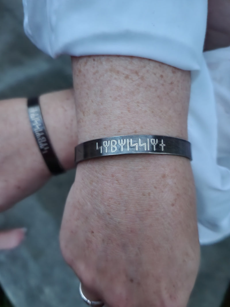 ANCIENT MESSAGE LOCKING CUFFS, Submissive {Rune} With FREE ENGRAVING inside