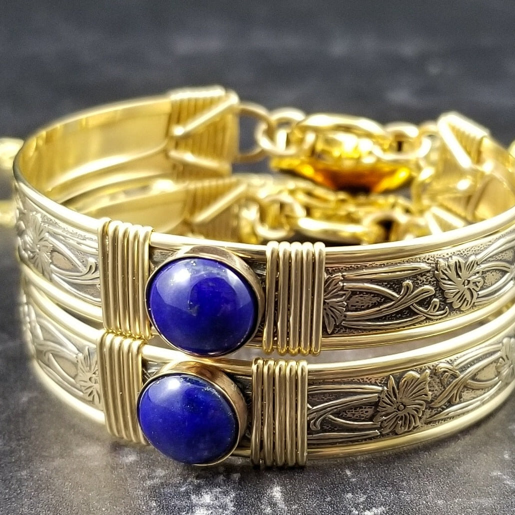 Gold and Lapis. What a luxurious way to show your Ownership / submission. Beautifully feminine and romantic locking handcuffs or anklets. This addition to our SOFT and SWEET Collection is created in precious metals and and all natural gemstones accented with coordinating wire accents. BDSM has never been so luxurious.