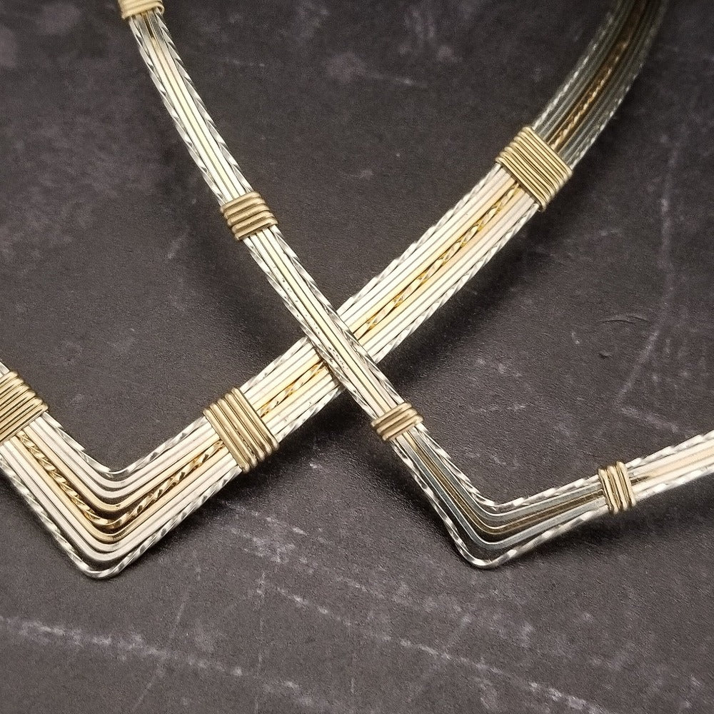 A beautiful symbol of your D/s dynamic, this contemporary V Style Locking BDSM submissive collar is hand crafted in mixed precious metals of sterling silver and gold. As strong and beautiful as the submissive’s heart, this high-quality artisan collar is made to last and will be the foundation of your private collection
